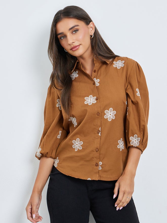 Styli Brown Embroidered Puff Sleeve Shirt - Image 3