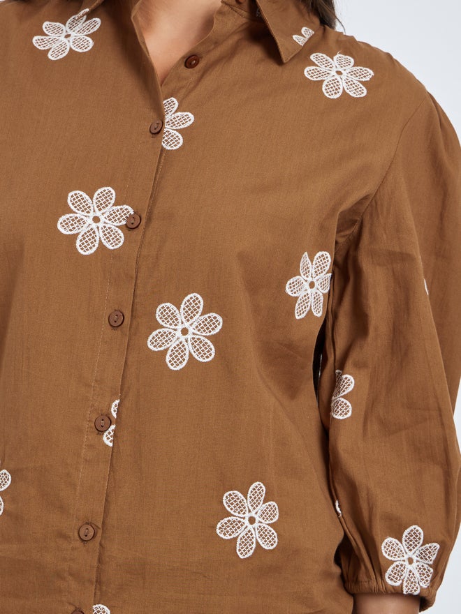 Styli Brown Embroidered Puff Sleeve Shirt - Image 4