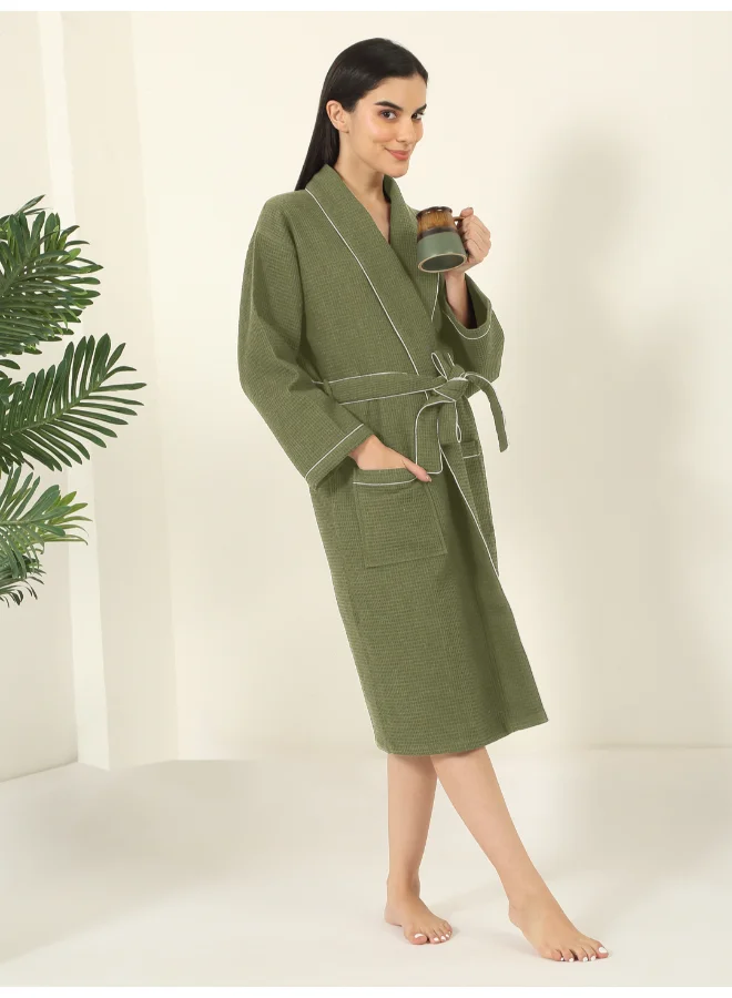MULBERRY LIVING 100% Cotton -Waffle Lux Solid Bath Robe - Green