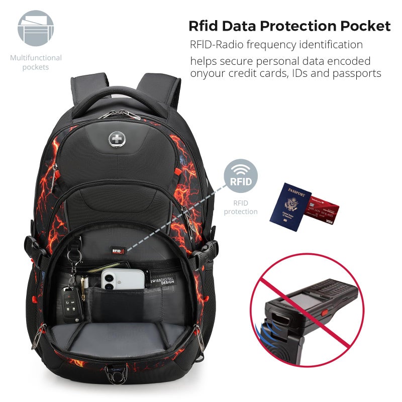 Swissdigital Laptop Backpack with USB Charging Port, Travel Backpack Fits 15.6 inches Computer, 31L Backpack for Men, Flame Red | SD803-97 - Image 4