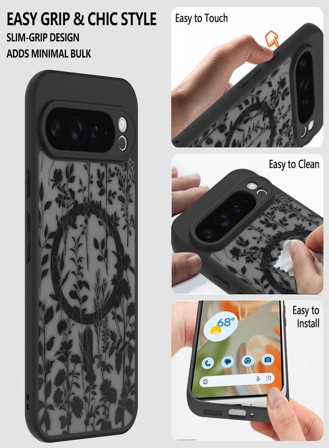 زيي جراب ZIYE المغناطيسي لهاتف Google Pixel 9 Pro XL [متوافق مع MagSafe] تصميم بنمط زهور أسود ناعم من مادة TPU ممتص للصدمات وغطاء خلفي صلب شفاف غير لامع لهاتف Pixel 9 Pro XL، زهرة - Image 3