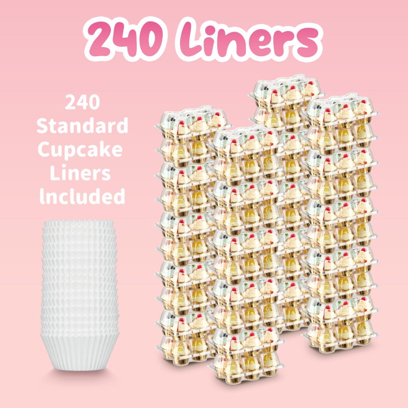 Meolibour (6 Count x 40 Sets) Stackable Cupcake Containers with 240 Pack Liners, Plastic Cupcakes Boxes Holders for 6 cakes, High Tall Dome Lid Cupcakes Carrier, Clear Cupcake Trays/Containers/Holders - Image 5