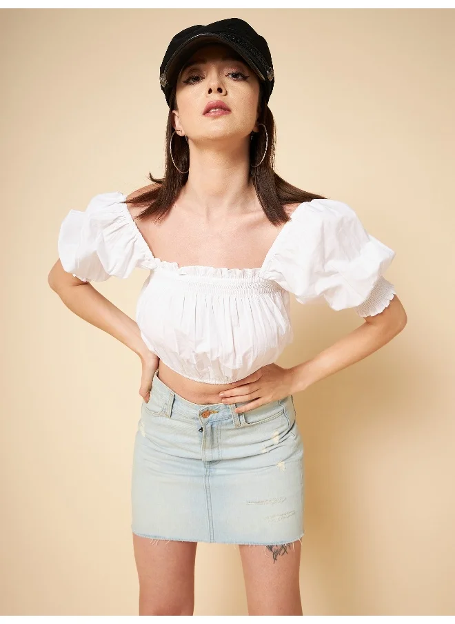 هاي ستار Crop White Woven Top for Women, Chic and Stylish