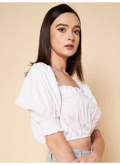 HIGH STAR Crop White Woven Top for Women, Chic and Stylish  - Image 2