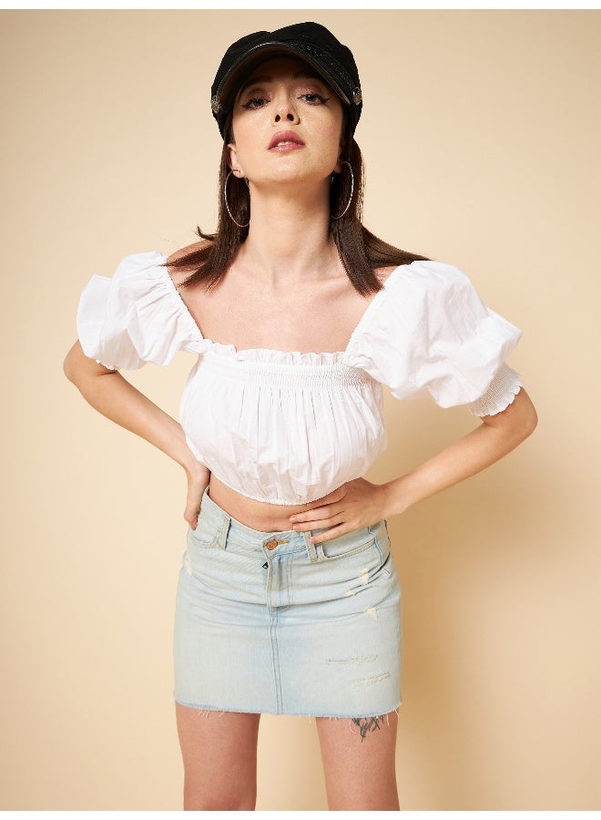 HIGH STAR Crop White Woven Top for Women, Chic and Stylish - Image 1