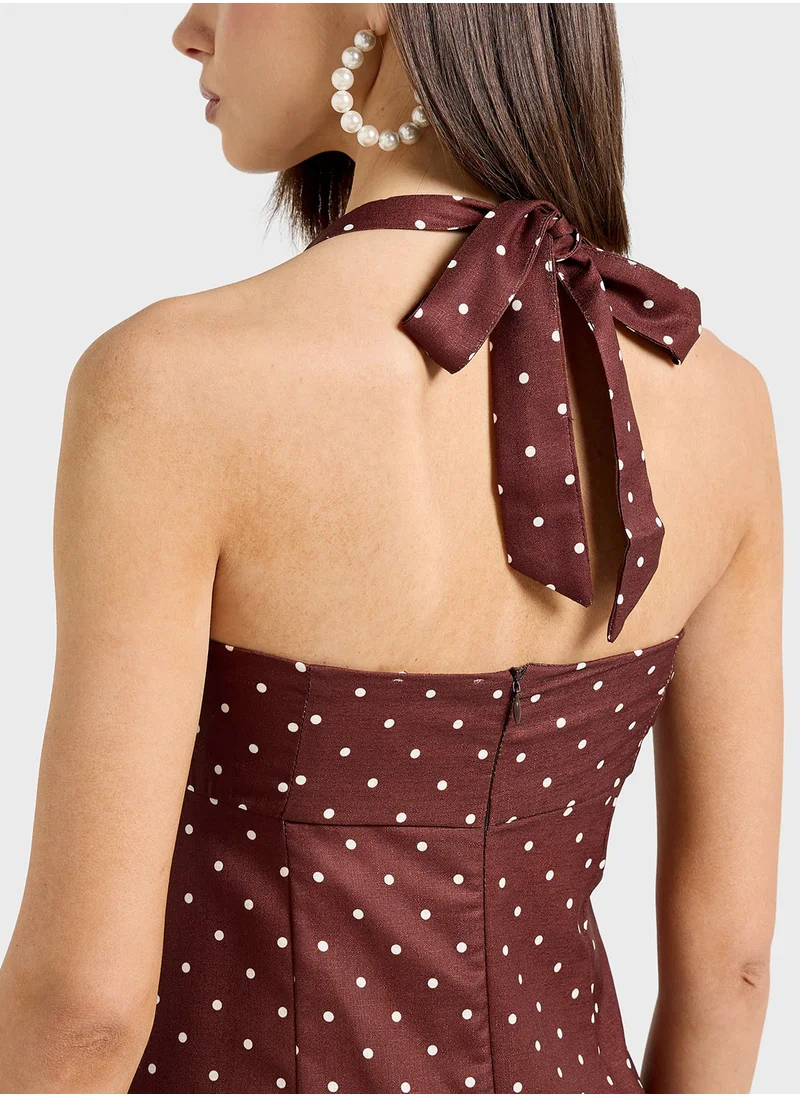 ELLA Halter Neck Tie Up Dress In Polka Print