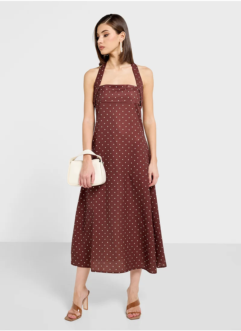 ELLA Halter Neck Tie Up Dress In Polka Print