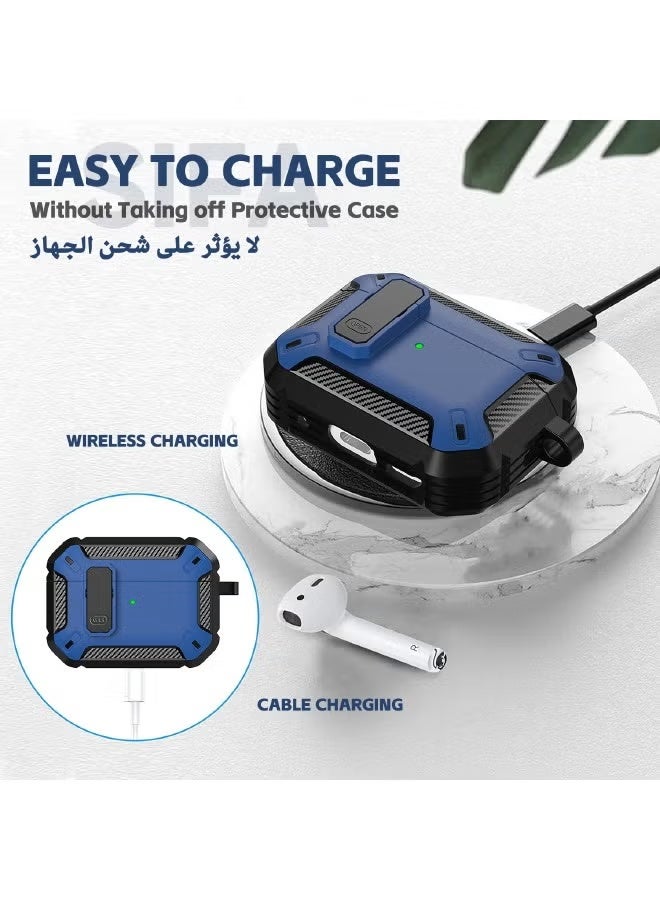 سيستار حافظة متينة ومقاومة للصدمات وذات هيكل صلب لسماعات AirPods Pro 2 بتصميم قابل للقفل وحلقة مفاتيح مضادة للفقد. (أزرق) - Image 3