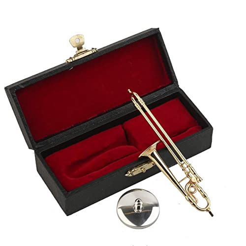 Dselvgvu Miniature Trombone with Stand and Case Brass Mini Musical Instrument Trombone Replica Collectible Figurines Dollhouse Accessories Model Home Decoration Display Ornament (4.45"x0.87") - Image 5