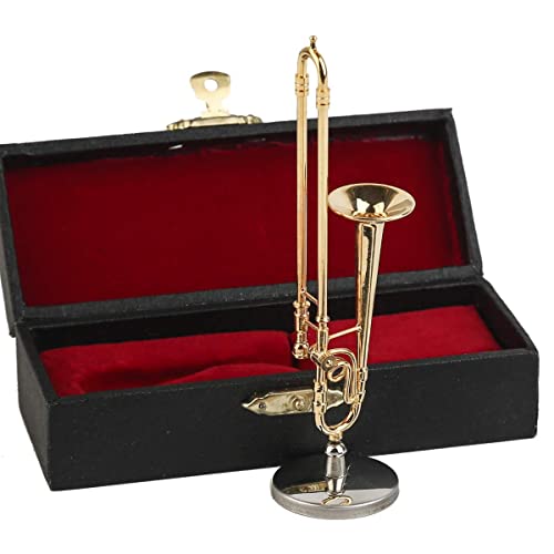 Dselvgvu Miniature Trombone with Stand and Case Brass Mini Musical Instrument Trombone Replica Collectible Figurines Dollhouse Accessories Model Home Decoration Display Ornament (4.45"x0.87") - Image 4