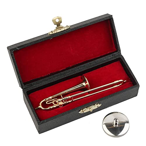 Dselvgvu Miniature Trombone with Stand and Case Brass Mini Musical Instrument Trombone Replica Collectible Figurines Dollhouse Accessories Model Home Decoration Display Ornament (4.45"x0.87") - Image 3