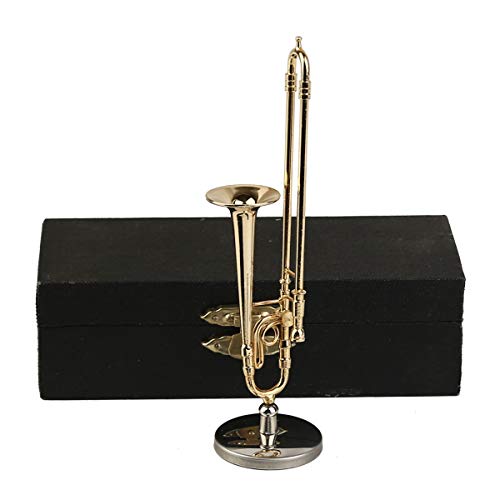 Dselvgvu Miniature Trombone with Stand and Case Brass Mini Musical Instrument Trombone Replica Collectible Figurines Dollhouse Accessories Model Home Decoration Display Ornament (4.45"x0.87") - Image 1