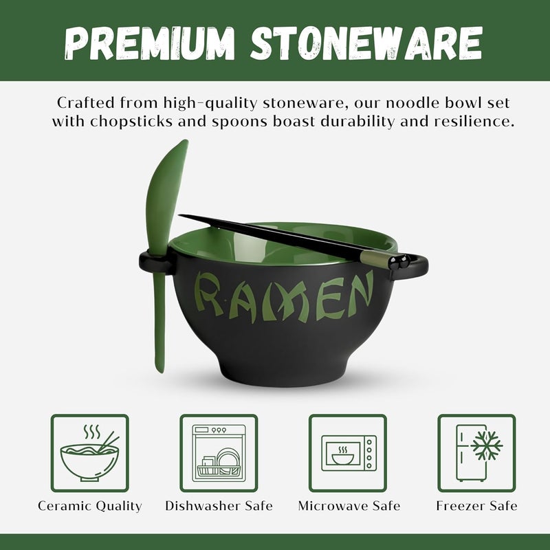 Goodscious Ceramic Ramen Bowl Set with Chopsticks and Spoon  Set of 2 Microwavable Noodle Bowl Kitchen Set for Instant Noodles Pho Udon Noodles Miso Soup  Green Japanese Ramen Bowls Ceramic Gifts 21 oz - Image 2
