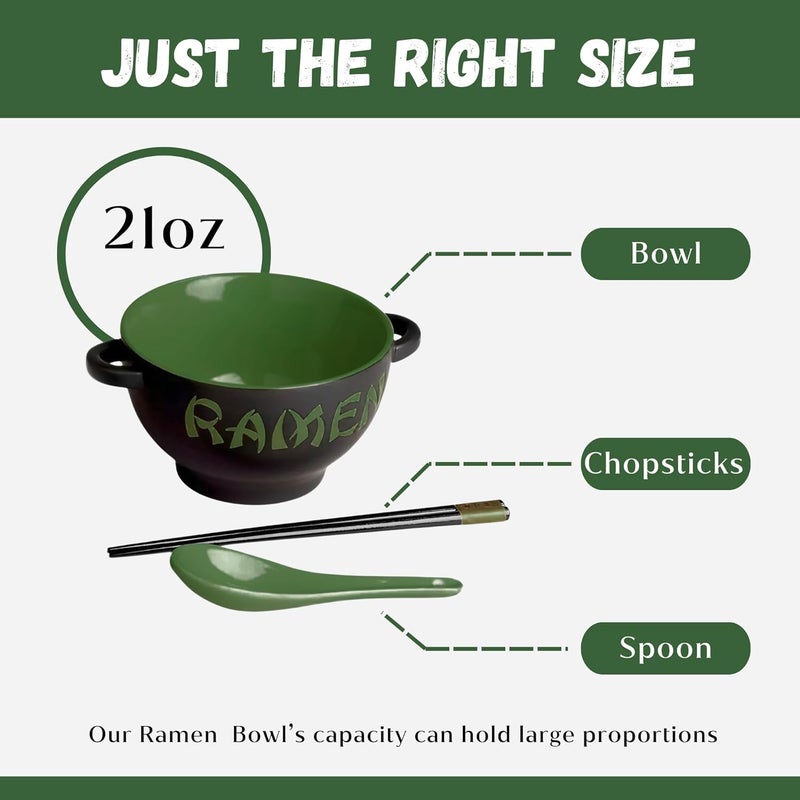 Goodscious Ceramic Ramen Bowl Set with Chopsticks and Spoon  Set of 2 Microwavable Noodle Bowl Kitchen Set for Instant Noodles Pho Udon Noodles Miso Soup  Green Japanese Ramen Bowls Ceramic Gifts 21 oz - Image 3