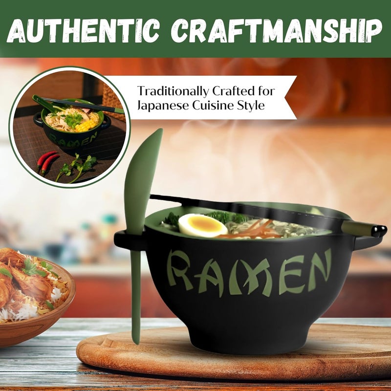 Goodscious Ceramic Ramen Bowl Set with Chopsticks and Spoon  Set of 2 Microwavable Noodle Bowl Kitchen Set for Instant Noodles Pho Udon Noodles Miso Soup  Green Japanese Ramen Bowls Ceramic Gifts 21 oz - Image 5