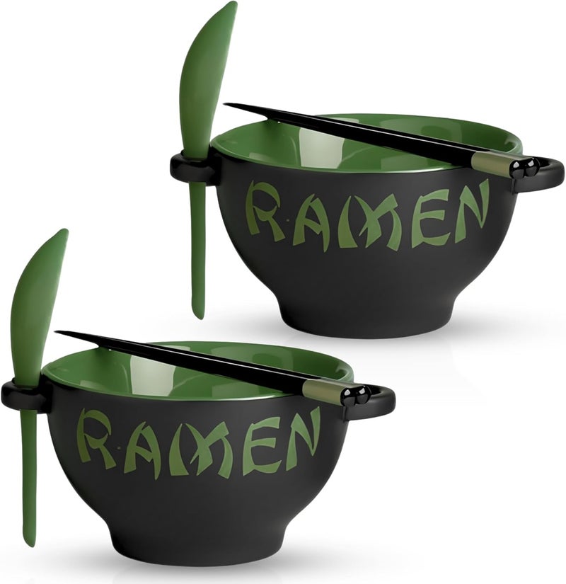 Goodscious Ceramic Ramen Bowl Set with Chopsticks and Spoon  Set of 2 Microwavable Noodle Bowl Kitchen Set for Instant Noodles Pho Udon Noodles Miso Soup  Green Japanese Ramen Bowls Ceramic Gifts 21 oz - Image 1