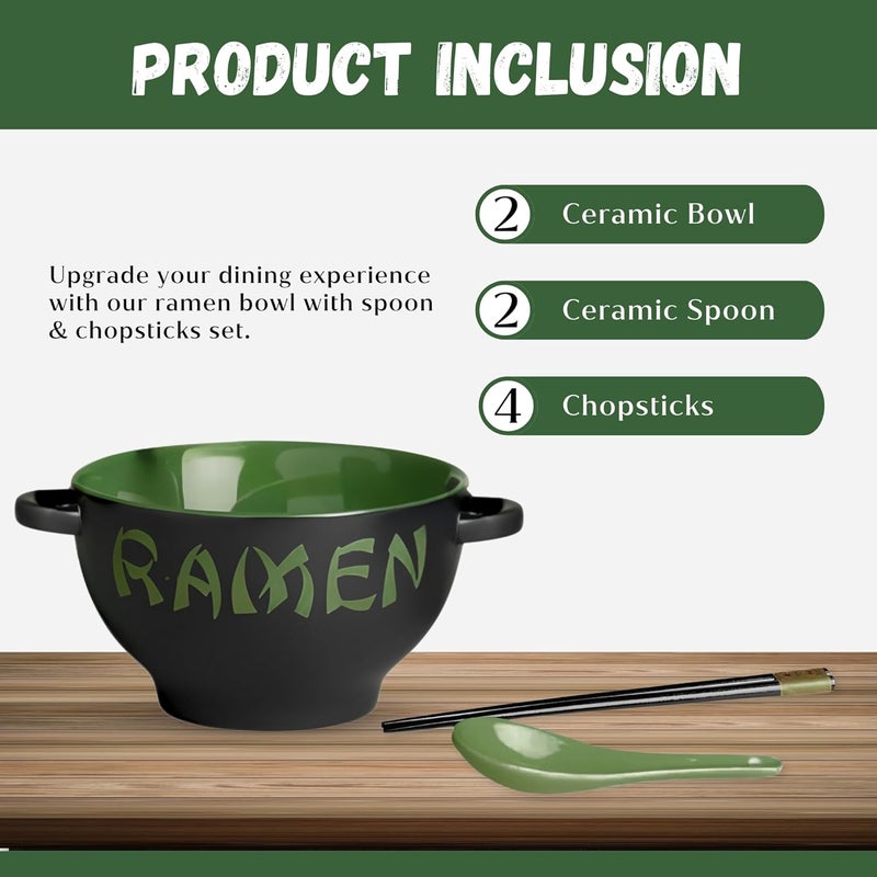 Goodscious Ceramic Ramen Bowl Set with Chopsticks and Spoon  Set of 2 Microwavable Noodle Bowl Kitchen Set for Instant Noodles Pho Udon Noodles Miso Soup  Green Japanese Ramen Bowls Ceramic Gifts 21 oz - Image 4