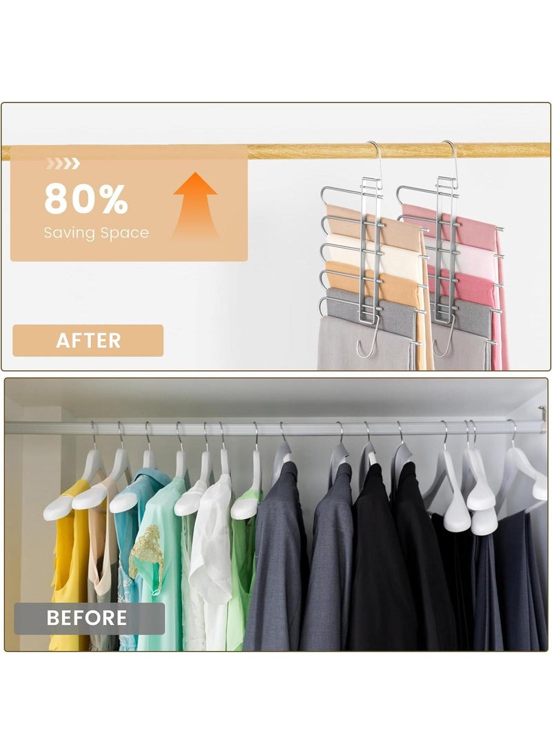 Pants Hangers Space Saving,Closet Hangers 5 Layers 2 Uses Multi Functional Pants Rack,Metal Heavy Duty Wardrobe Organizer Racks for Clothes Trousers Scarves Ties (Gold) - Image 2