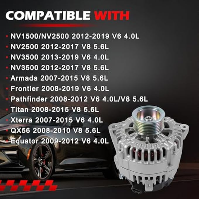 Autodevil 11256 Alternator Fit for 2008-2019 Frontier, 2008-2015 Titan, 2008-2012 Pathfinder, 2007-2015 Armada, 07-15 Xterra, 08-10 QX56, 09-12 Equator, 4.0L 5.6L, 130Amp 12V Alternator OE 11256N - Image 2