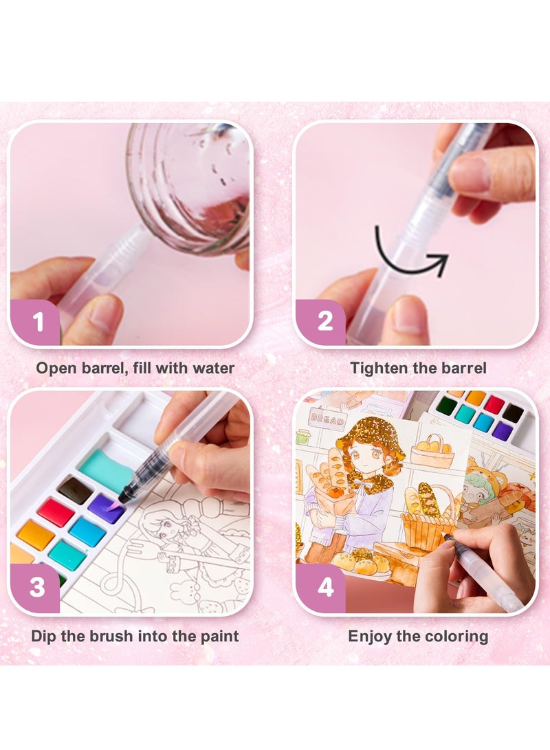 Watercolor Painting Pad for Kids 8 Color Pocket Paint with Water Book Set Paint Brush Glittery Noctilucent Paper 30 Sheets Crafts 8 Ways to Play No foundation required for Girls Boys 3-12 Gift - Image 3