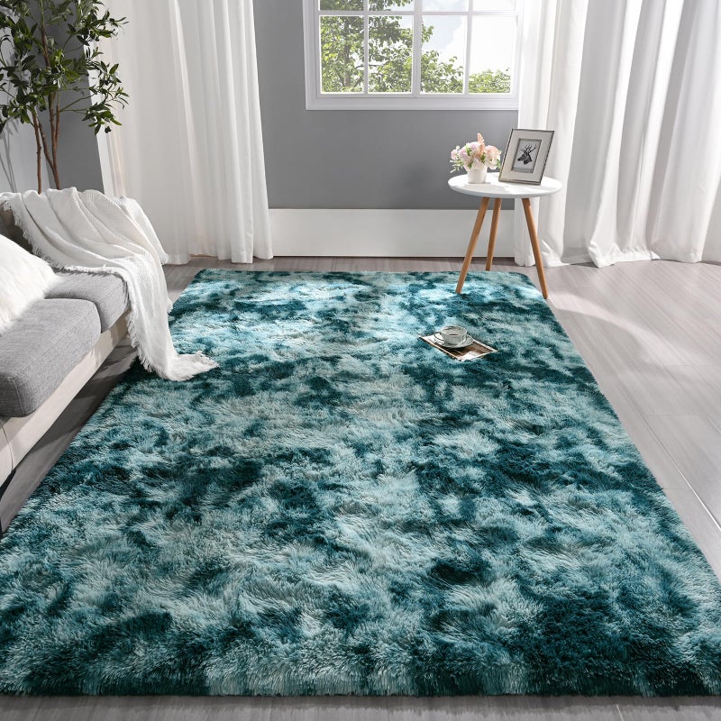 Pettop Fluffy Tie-Dye Peacock Blue Rug for Bedroom Living Room  4x6 Feet Rectangle Large Rug Plush Fuzzy Carpet for Girls Kids Boys  Non-Slip and Washable Rug for Nursery Classroom Decor Rug - Image 2