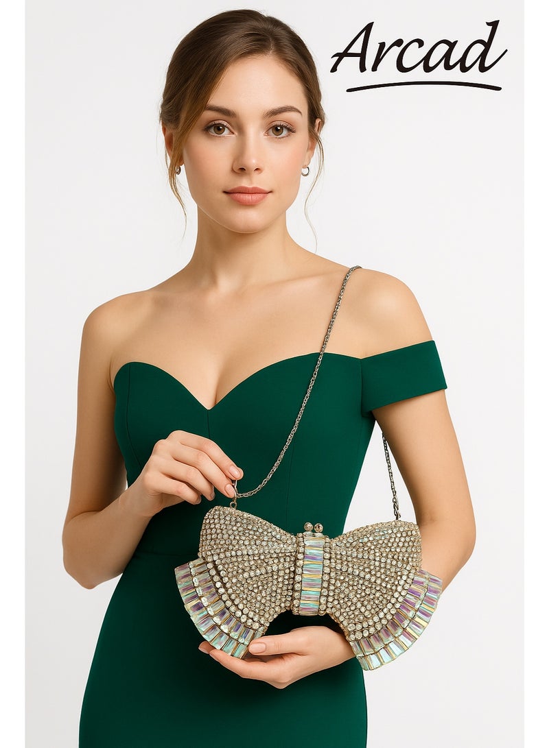 أركاد حقيبة كلاتش نسائية فاخرة من أركاد بشكل فيونكة مزينة بالكريستال للسهرات والحفلات مع سلسلة – متعدد الألوان - Image 1