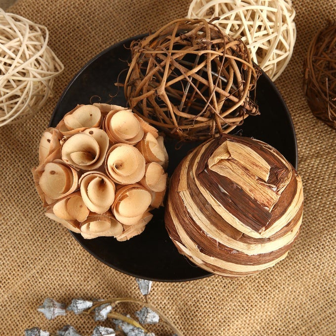 DECORATIVE BOWL VASE FILLER BALLS FOR HOME DECOR SET OF 6 PCS NATURAL TONE RATTAN WICKER BALLS CENTERPIECES DECORATION DECORATIVE ORBS VASE BOWL FILLER FOR TABLE CENTERPIECES
