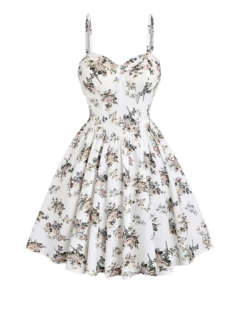 Summer Elegant Floral Print Waist-Cinching Strappy Mini Dress for Women - Image 1
