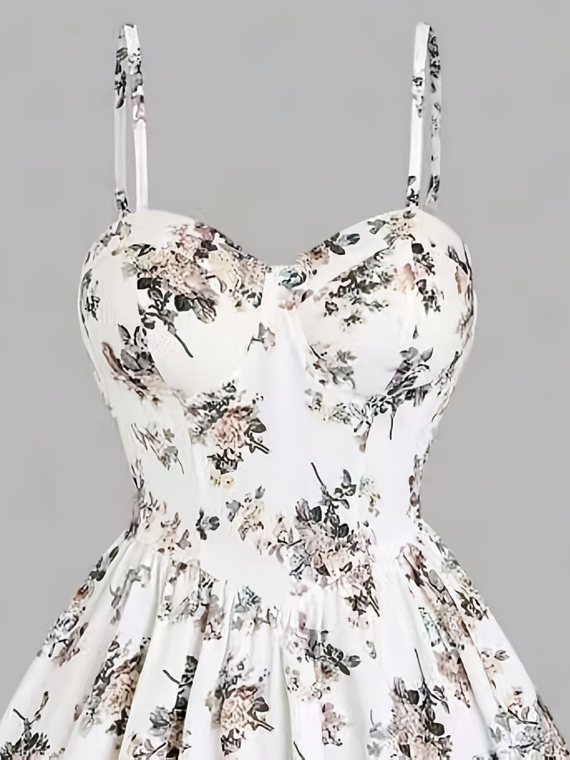 Summer Elegant Floral Print Waist-Cinching Strappy Mini Dress for Women - Image 5