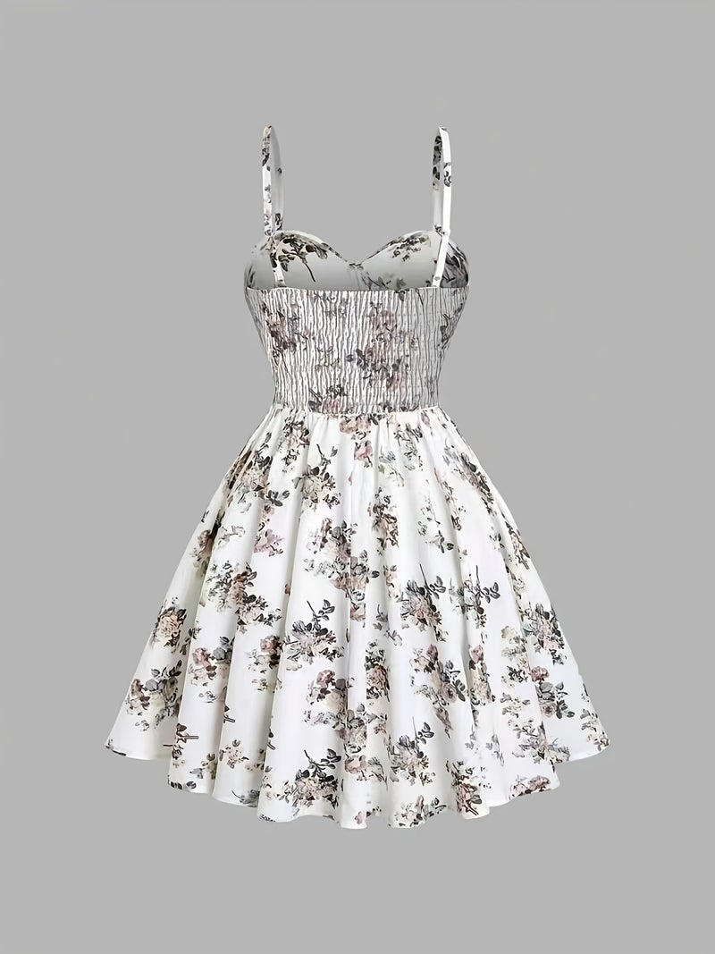 Summer Elegant Floral Print Waist-Cinching Strappy Mini Dress for Women - Image 2