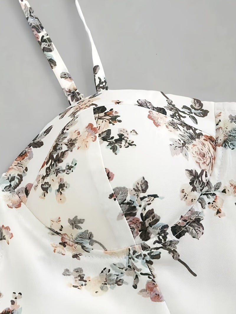 Summer Elegant Floral Print Waist-Cinching Strappy Mini Dress for Women - Image 3