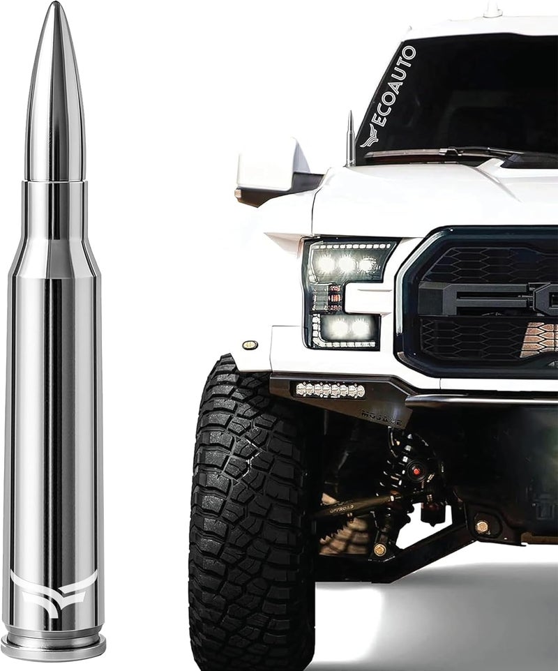 EcoAuto Bullet Antenna Replacement for Dodge Ram & Ford F150 F250 F350 Super Duty Ford Raptor Bronco Trucks - Anti-Theft Design - Radio Antenna for Truck 1990 - Current (Chrome) Carefully selected material - Image 1