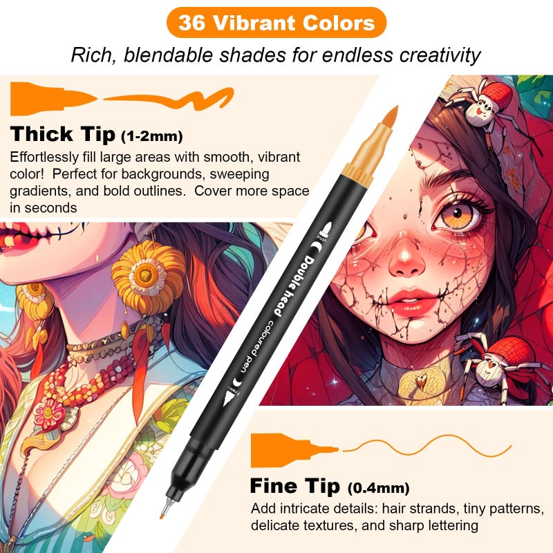 ADEVIAN 3Pcs Coloring Books for Adults Relaxation with 36 Colors Markers Coloring Book for Women Spiral Bound Printed On One Side, Colors Markers, (Sugar Skull Women & Scare Dolls & Terrible Beauty) - Image 4