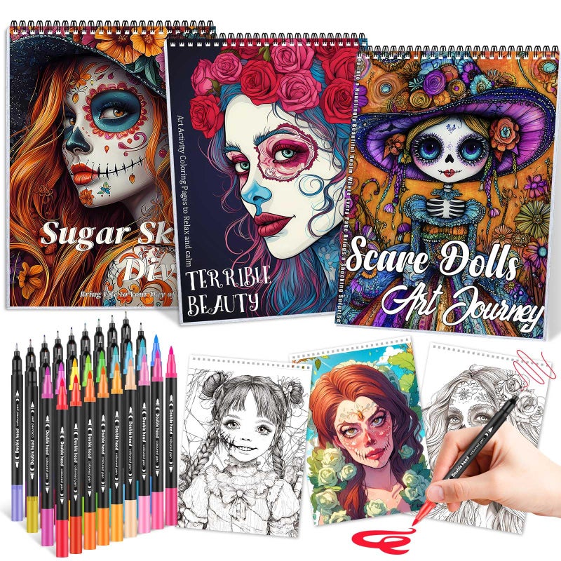 ADEVIAN 3Pcs Coloring Books for Adults Relaxation with 36 Colors Markers Coloring Book for Women Spiral Bound Printed On One Side, Colors Markers, (Sugar Skull Women & Scare Dolls & Terrible Beauty) - Image 1