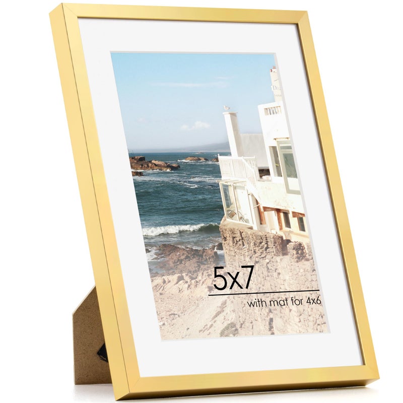 FLYJOE 5x7 Gold Picture Frame | Metal 5x7 Picture Frame With Mat For 4x6 | 5 x 7 Aluminum Photo Frame | Plexiglass And Hanging Hardware Included | 5 By 7 Picture Frame | Gold - Image 1