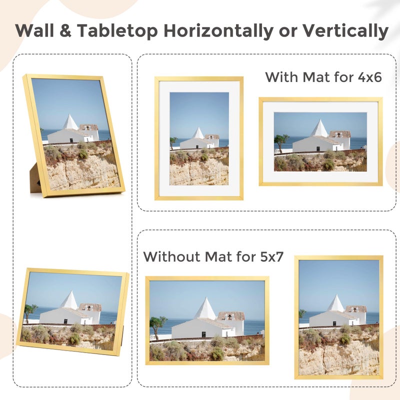 FLYJOE 5x7 Gold Picture Frame | Metal 5x7 Picture Frame With Mat For 4x6 | 5 x 7 Aluminum Photo Frame | Plexiglass And Hanging Hardware Included | 5 By 7 Picture Frame | Gold - Image 3