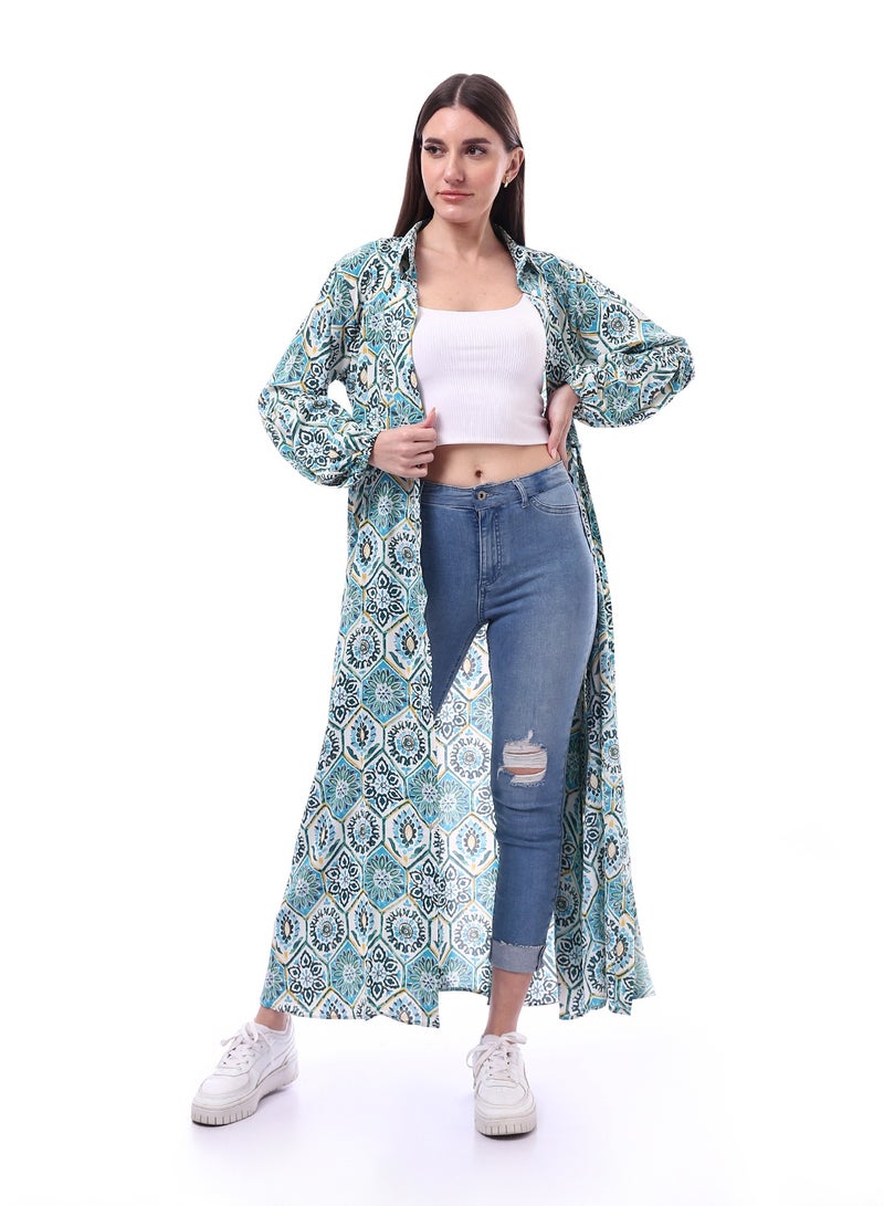 Andora Floral Long Sleeve Maxi Dress With Belt _ Light Blue & White - Image 1