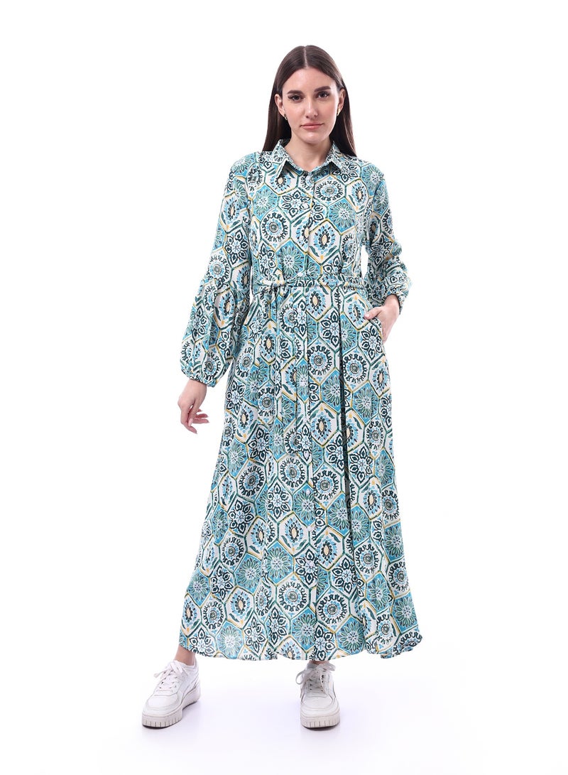 Andora Floral Long Sleeve Maxi Dress With Belt _ Light Blue & White - Image 2
