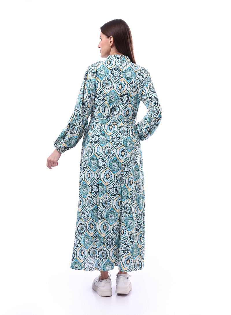 Andora Floral Long Sleeve Maxi Dress With Belt _ Light Blue & White - Image 3