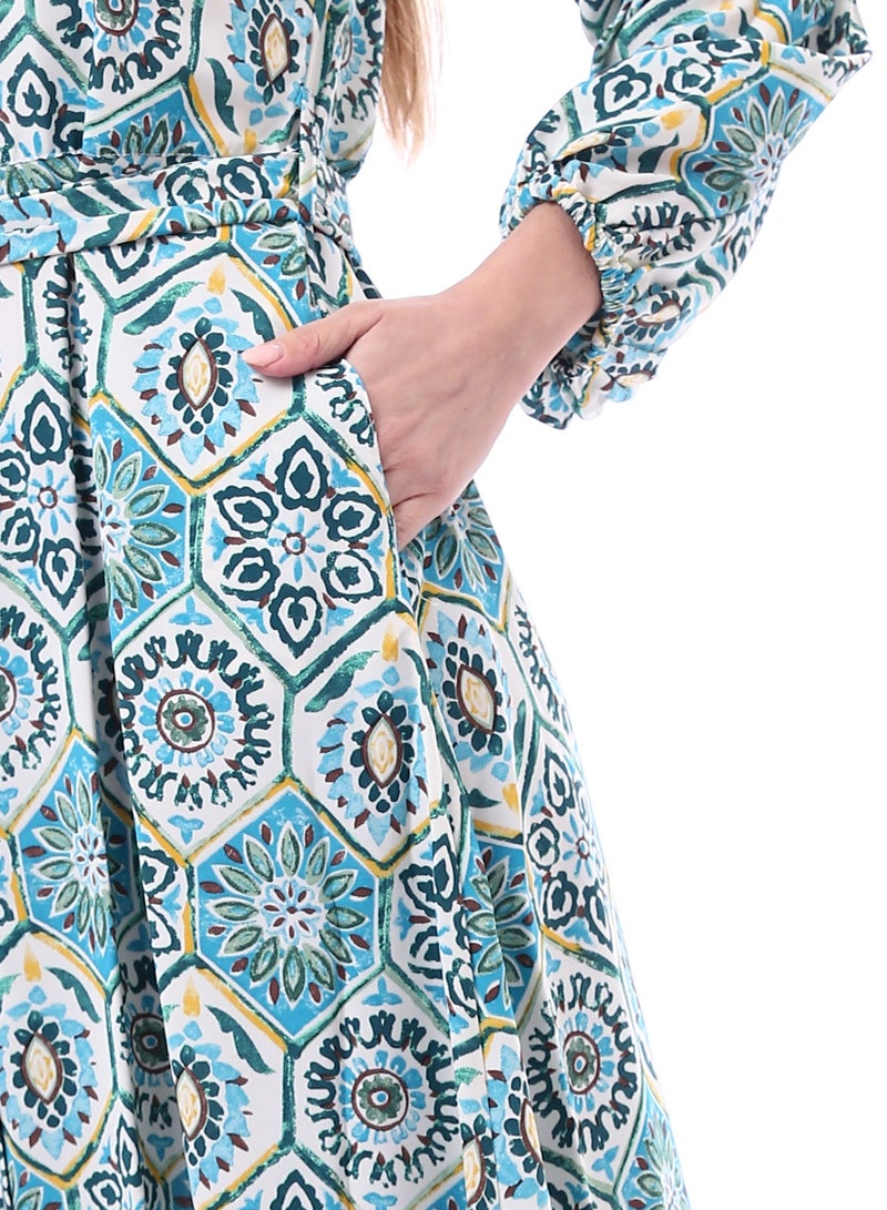Andora Floral Long Sleeve Maxi Dress With Belt _ Light Blue & White - Image 4