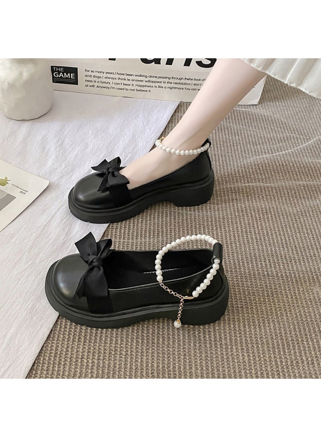 French Style Mary Jane Shoes Women's Spring And Summer New Pearl Bow Girl Shoes Thick Heel Fairy Style Leather Shoes