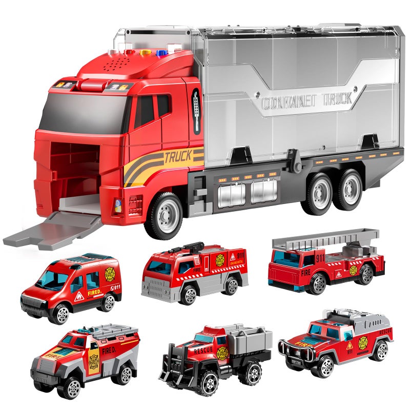 TEMI Toddler Toys for 3 4 5 6 Years Old Boys, Die-cast, Alloy Metal Emergency Fire Rescue Vehicle Transport Car / Truck Toys Set w/Play Mat for Age 3-9 Toddlers Kids Boys & Girls - Image 1