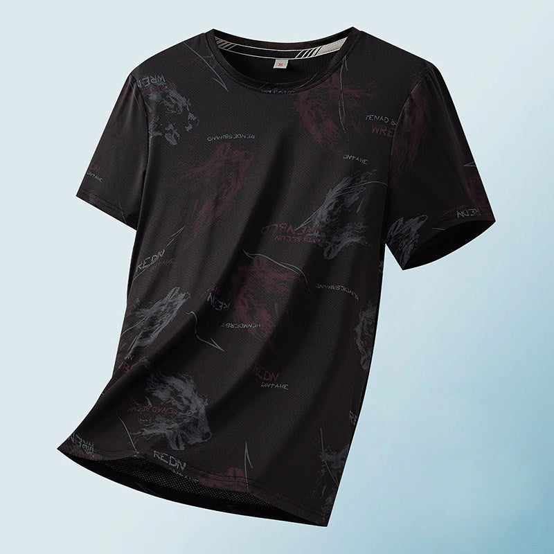 Ice silk short-sleeved T-shirt for men's summer thin trendy printed T-shirt, fashionable wrinkle-resistant ice-cold half-sleeved handsome top - Image 1