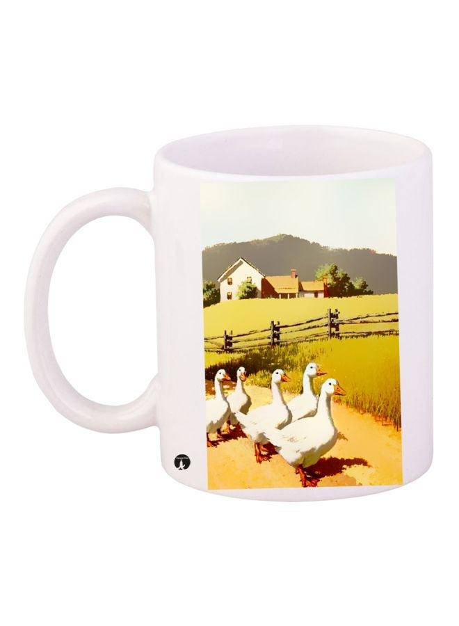 RYN Swans Printed Coffee Mug White/Brown/Green 11ounce