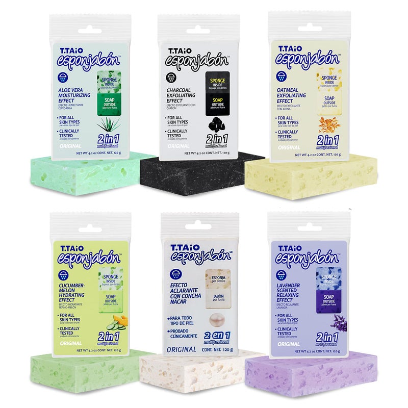 T. Taio T.Taio Esponjabon Soap Sponge Variety Pack - Shower Scrubber & Bath Wash Scrub - Massage Face - Bathroom Accessories - Mother of Pearl, Aloe Vera, Lavender, Charcoal, Cucumber-Melon, Oatmeal (6 Pack) - Image 2