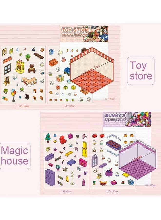 4 مجموعات من ملصقات المنزل ثلاثية الأبعاد DIY، ملصقات DIY ممتعة اصنع مشاهد غرفتك الصغيرة، ملصقات ثلاثية الأبعاد لطيفة لتخفيف التوتر وتمضية الوقت للأطفال البالغين - Image 2