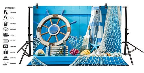 LFEEY 7x5ft Blue Wooden Wall Nautical Birthday Backdrop Seashells Sailing Ship Wheel Helm Fishing Net Starfish Summer Party Photography Background for Events Videos YouTube Photo Studio Props - Image 3