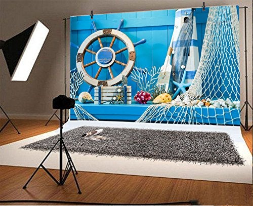 LFEEY 7x5ft Blue Wooden Wall Nautical Birthday Backdrop Seashells Sailing Ship Wheel Helm Fishing Net Starfish Summer Party Photography Background for Events Videos YouTube Photo Studio Props - Image 2
