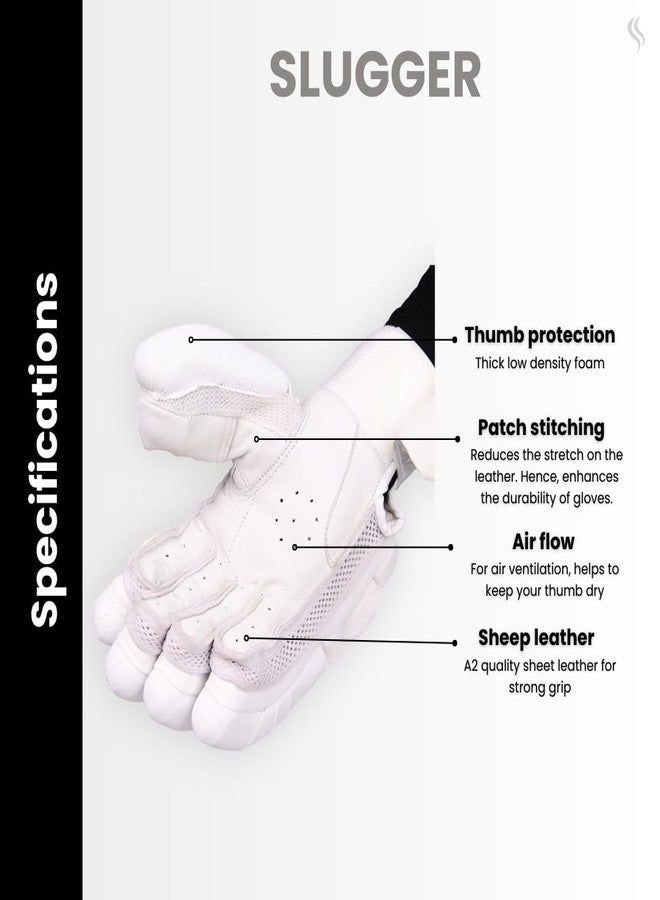 SLUGGER Cricket Corporate Men's Batting Gloves Left Handed Lightweight - Lovelon Material, White Leather - Enhanced Grip and Protection for Superior Performance | White & Black - Image 3