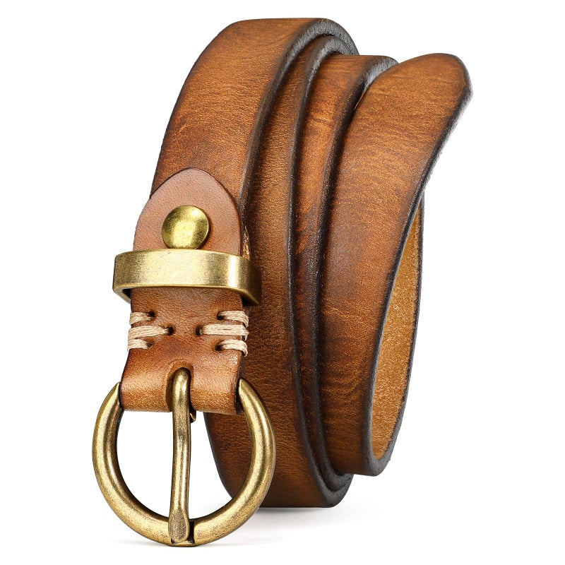 SANSTHS Womens Genuine Leather Belts for Jeans Pants Trendy Vintage Thin Leather Belt Gold Buckle Ladies Skinny Waist Belt,Brown,S - Image 1